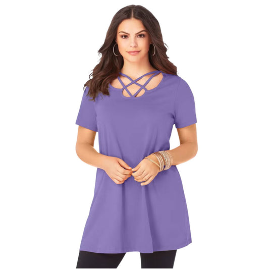 Plus-size short sleeve tunic with a criss-cross lattice neckline, relaxed fit, and 34” length. Made from soft, breathable cotton for all-day comfort.