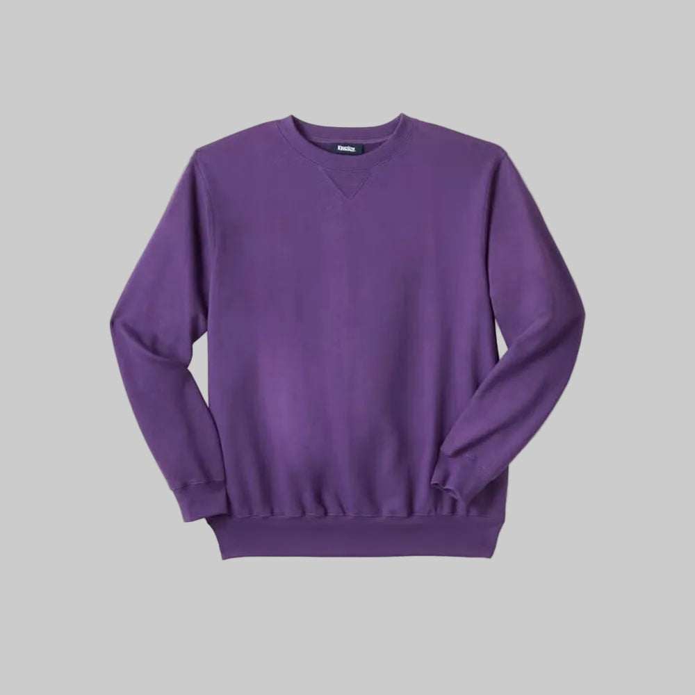 Vintage purple fleece crewneck sweatshirt with relaxed big and tall fit, V-inset neckline, and soft fleece lining on a plain background.