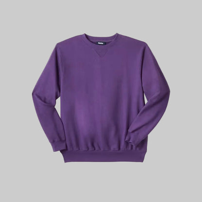 Vintage purple fleece crewneck sweatshirt with relaxed big and tall fit, V-inset neckline, and soft fleece lining on a plain background.
