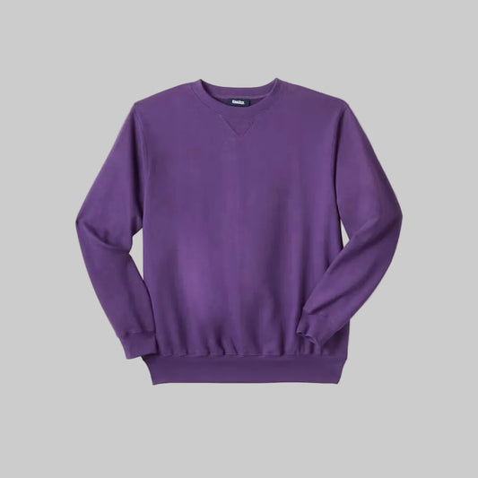 Vintage purple fleece crewneck sweatshirt with relaxed big and tall fit, V-inset neckline, and soft fleece lining on a plain background.