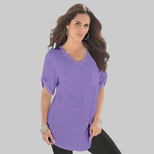 Vintage lavender slub-knit V-neck tunic with a relaxed boyfriend fit, displayed on a plus-size mannequin.