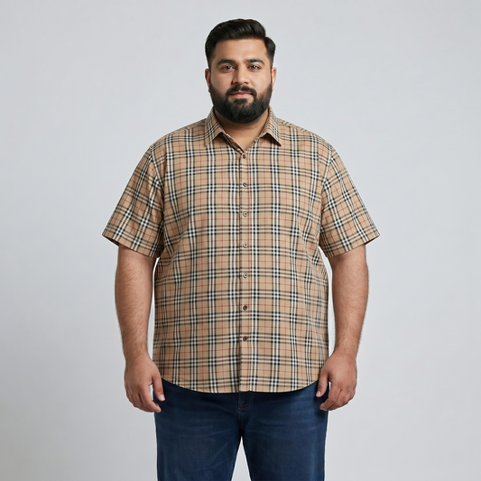 Vintage Tan Check Half Sleeve Casual Shirt PSM-11196