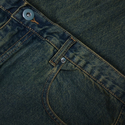 "Men’s vintage wash regular fit jeans with straight leg, button fastening, zip fly, belt loops, and five-pocket design, crafted from 100% cotton denim."