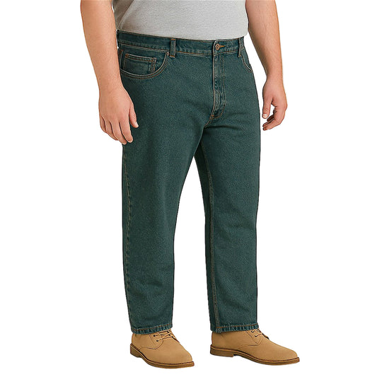 "Men’s vintage wash regular fit jeans with straight leg, button fastening, zip fly, belt loops, and five-pocket design, crafted from 100% cotton denim."