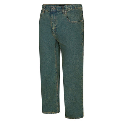 "Men’s vintage wash regular fit jeans with straight leg, button fastening, zip fly, belt loops, and five-pocket design, crafted from 100% cotton denim."