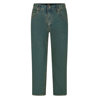 "Men’s vintage wash regular fit jeans with straight leg, button fastening, zip fly, belt loops, and five-pocket design, crafted from 100% cotton denim."