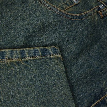 "Men’s vintage wash regular fit jeans with straight leg, button fastening, zip fly, belt loops, and five-pocket design, crafted from 100% cotton denim."