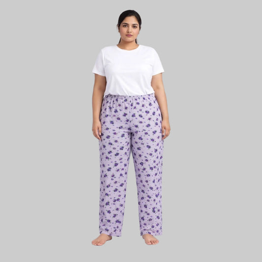 Violet floral printed cotton flannel pajama pants with elastic waistband laid flat