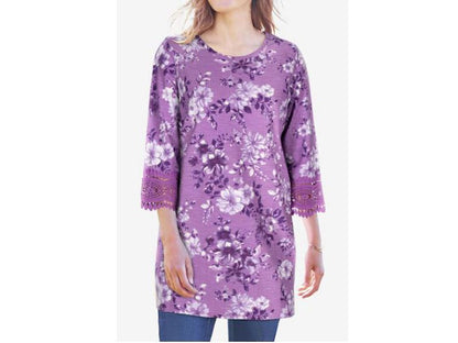 Violet Floral Crochet Trim Three Quarter Sleeve Tunic PSW-5520