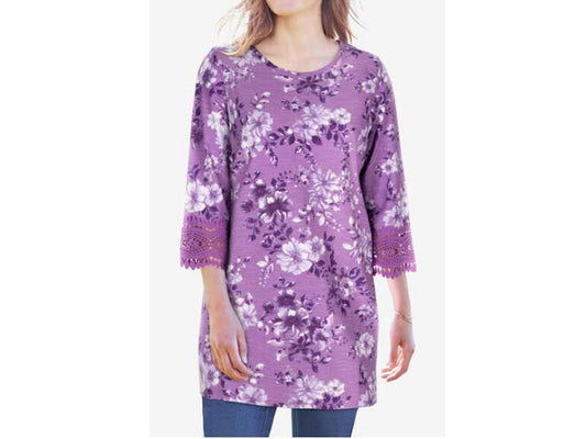 Violet Floral Crochet Trim Three Quarter Sleeve Tunic PSW-5520