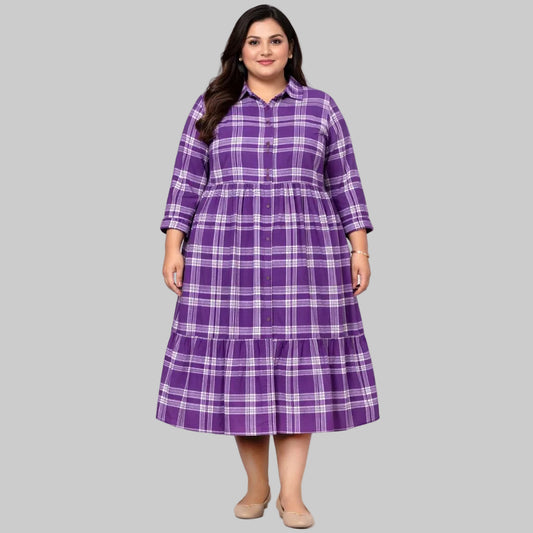 Plus size violet plaid button-front cotton flannel dress with collar and tiered skirt
