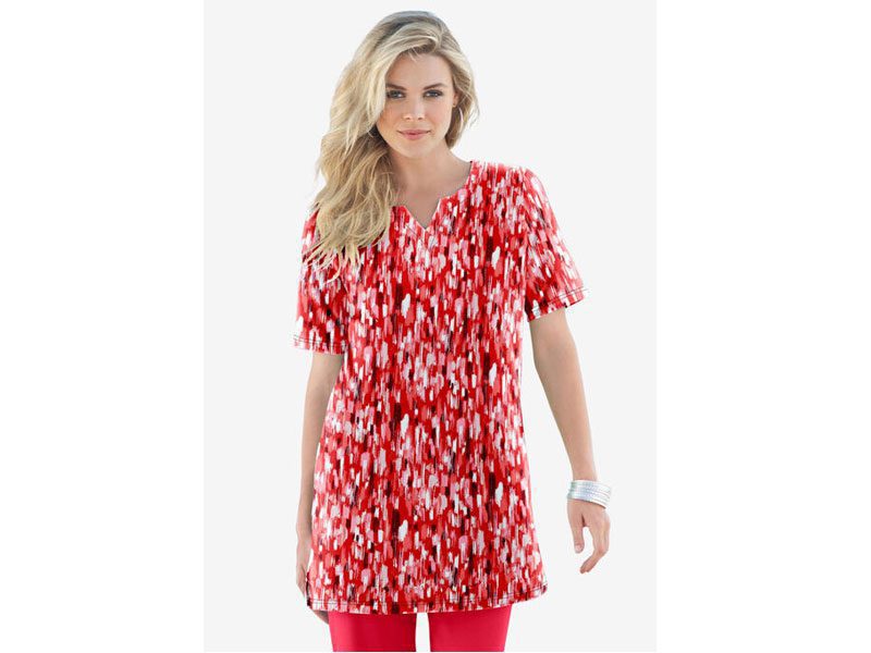 Vivid Red Brushstroke Print Notch-Neck Soft Knit Tunic PSW-7068