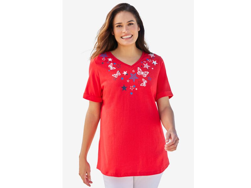 Vivid Red Butterfly Star Cuffed T-Shirt PSW-6466