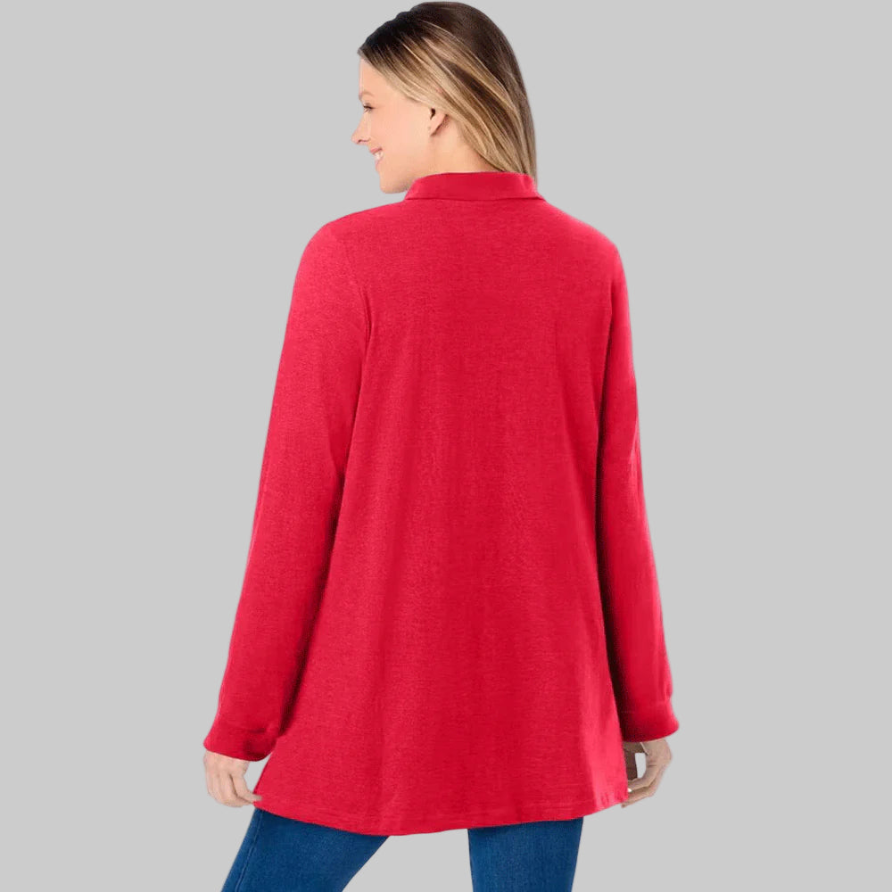 Vivid red long-sleeve polo shirt with a button placket and collar, made from soft knit fabric, shown on a plus-size mannequin.