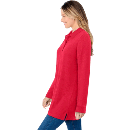 Vivid red long-sleeve polo shirt with a button placket and collar, made from soft knit fabric, shown on a plus-size mannequin.