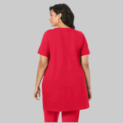Vivid Red Plus Size Women Two Pocket Soft Knit Tunic with long sleeves, a scoop neckline, and a relaxed fit for everyday comfort.