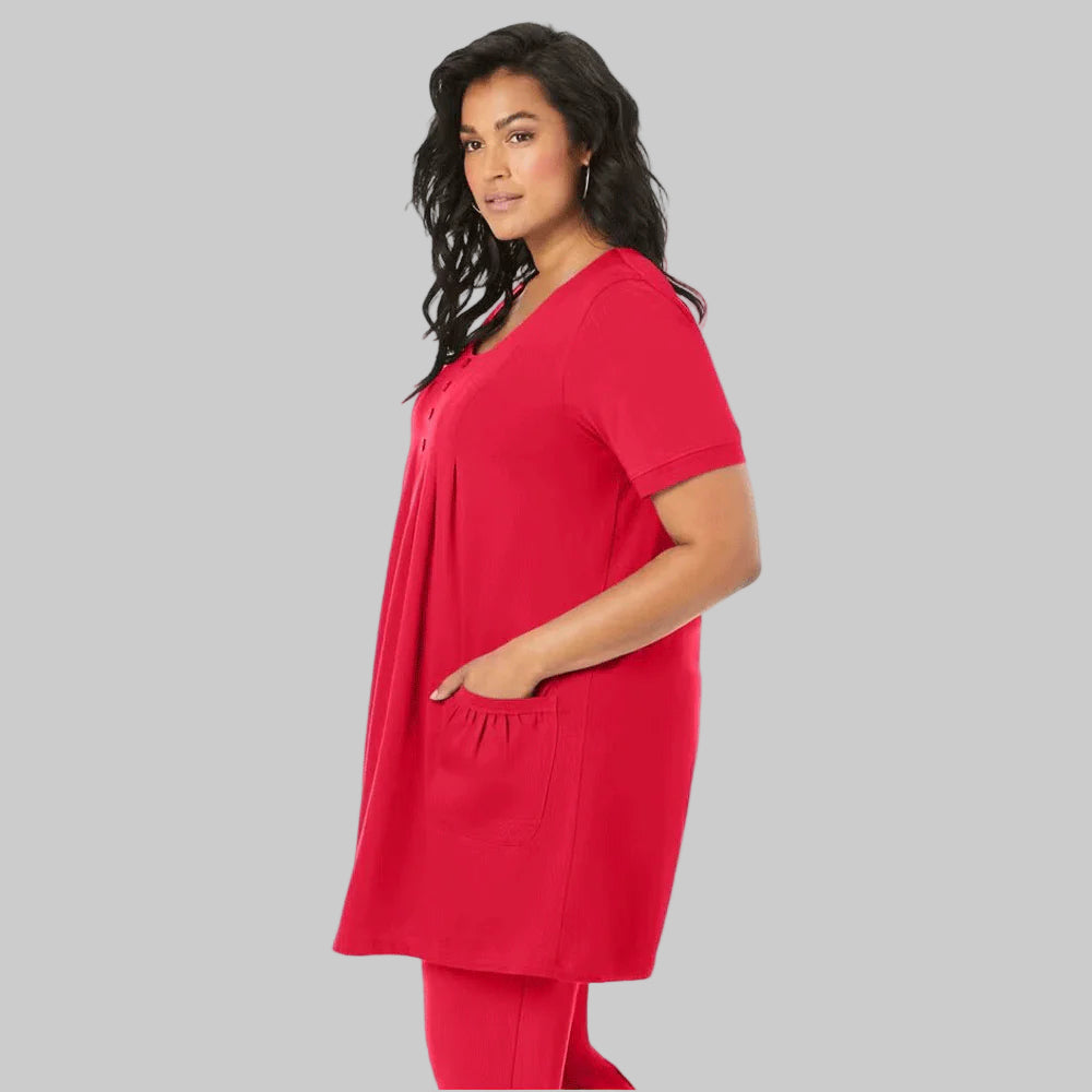 Vivid Red Plus Size Women Two Pocket Soft Knit Tunic with long sleeves, a scoop neckline, and a relaxed fit for everyday comfort.
