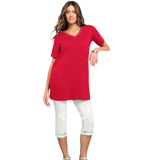 Vivid Red Rhinestone V-Neck Ultimate Tunic PSW-9614