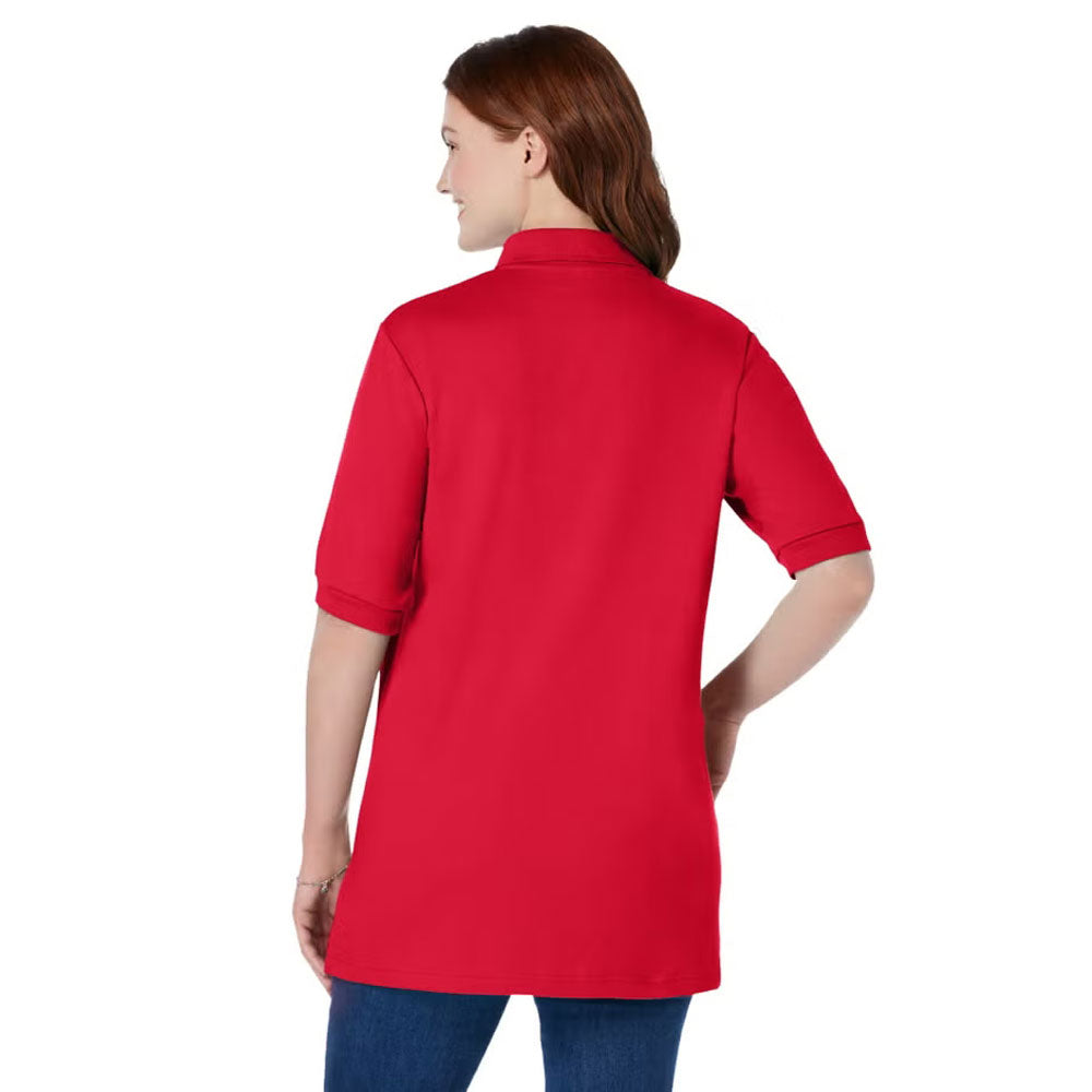 Vivid Red Short Sleeve Polo Tunic – Cotton Blend T-Shirt with Button Placket and Hem Slits