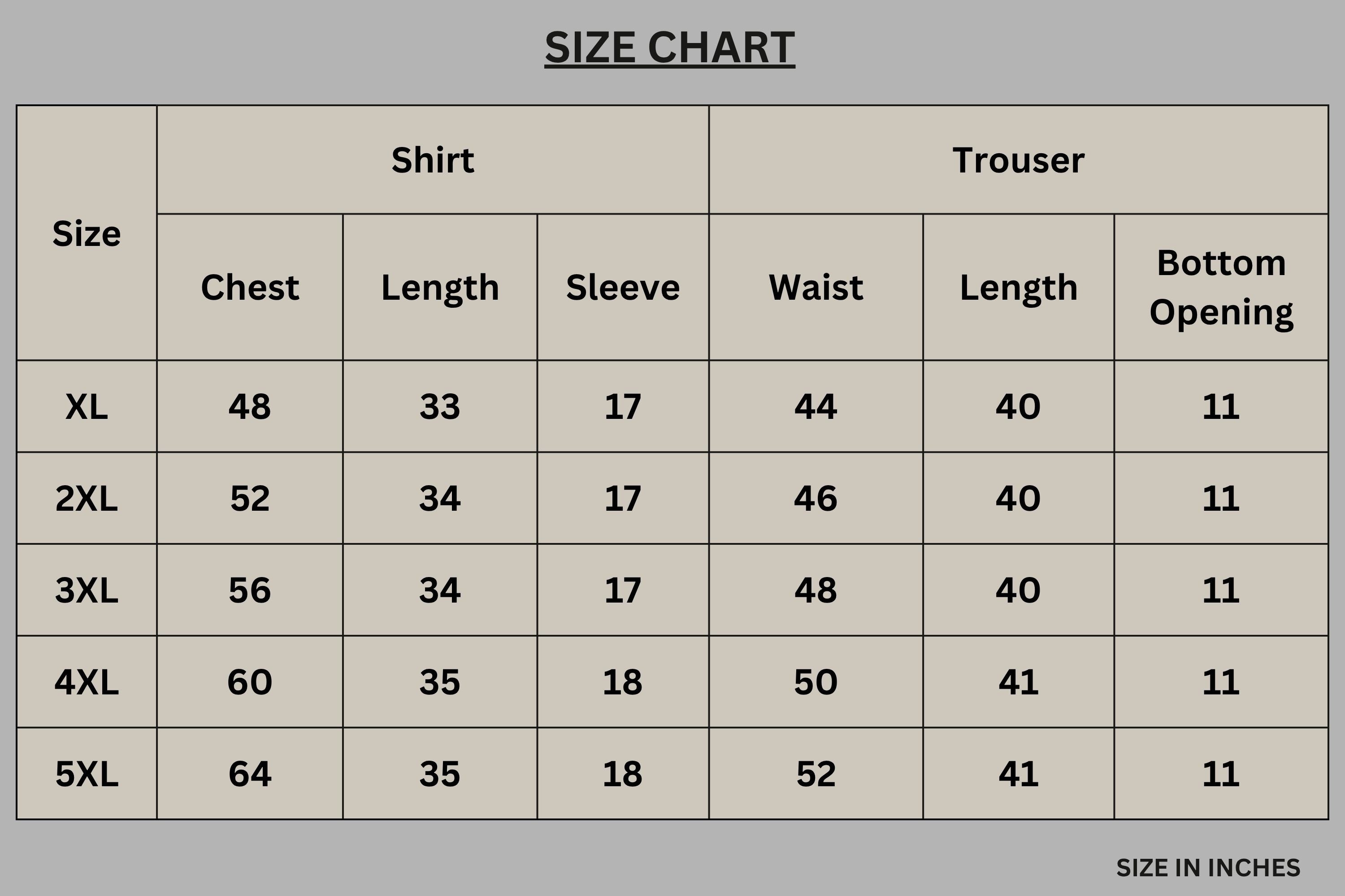 Size chart for Sage Serenity Co-Ord Set PSW-10890