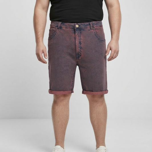 Washed red denim shorts featuring a classic five-pocket design and comfortable casual fit.