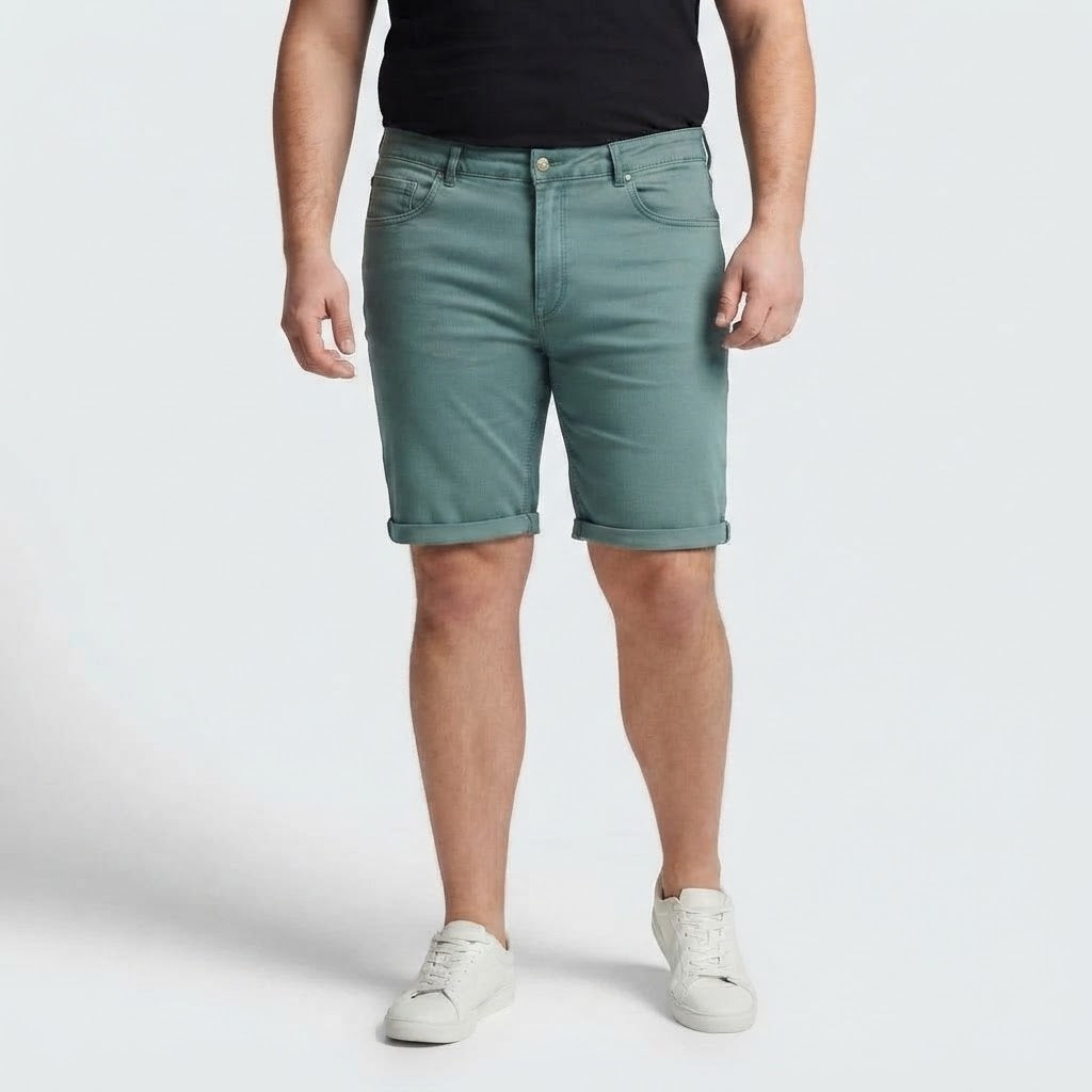 Washed turquoise denim shorts with classic five-pocket design and comfortable casual fit.