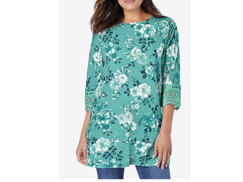 Floral Crochet Trim Three Quarter Sleeve Tunic PSW-5545