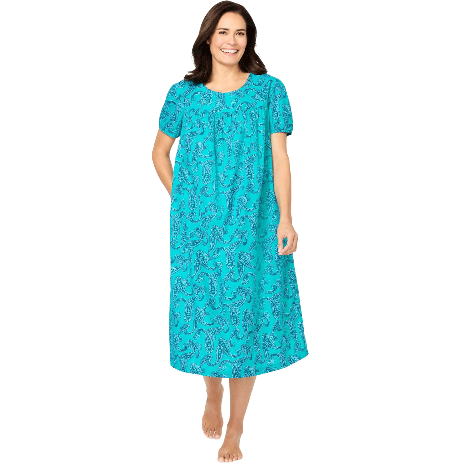Short-sleeve lounger with a colorful waterfall paisley print, mid-length cut, shirred front and back yoke, and side seam pockets for comfort and style.

