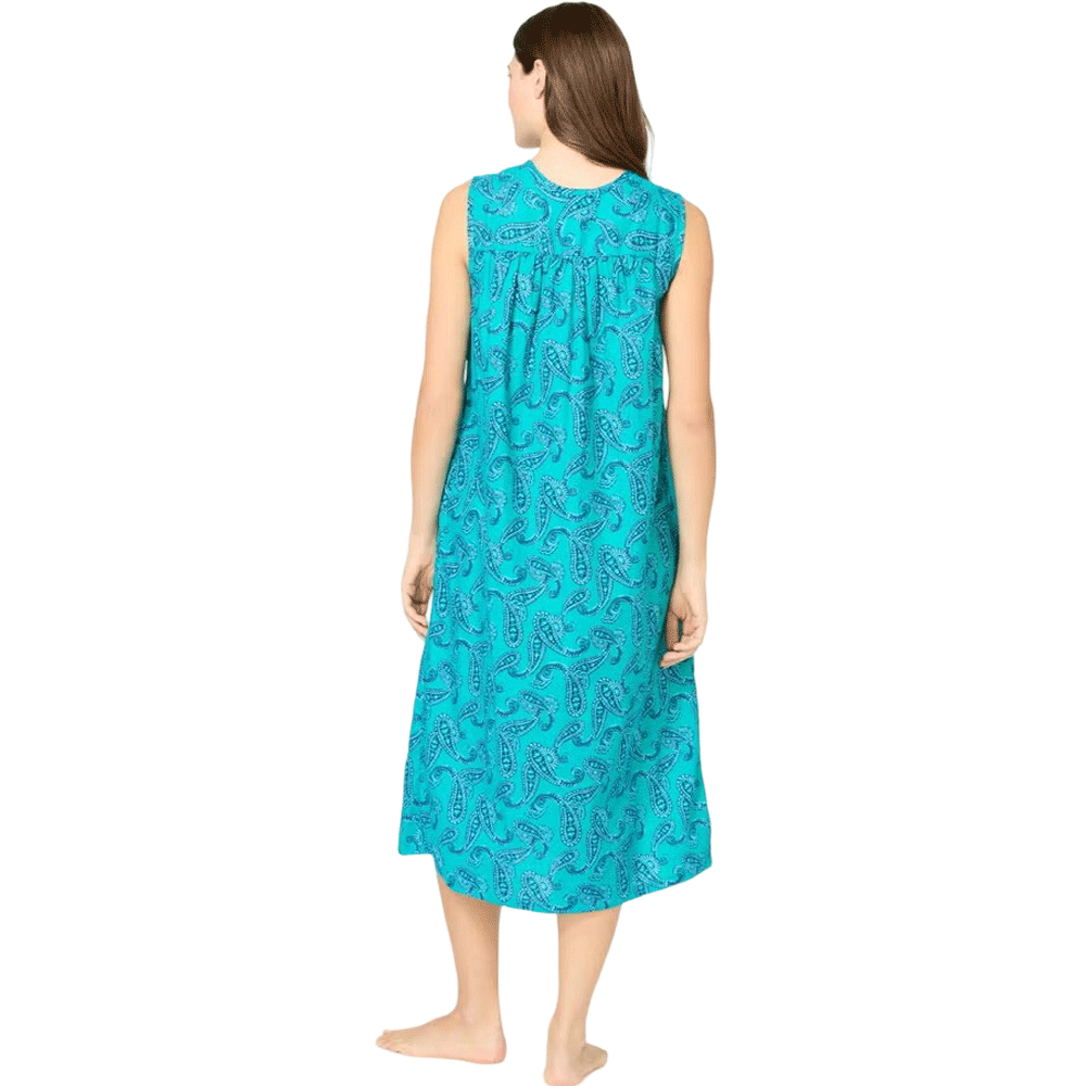 Sleeveless cotton lounger in a colorful waterfall paisley print, featuring a relaxed mid-length fit, shirred yoke detail, and front patch pockets.