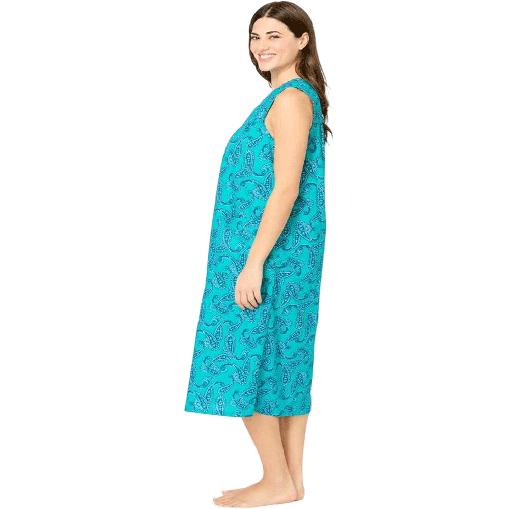 Sleeveless cotton lounger in a colorful waterfall paisley print, featuring a relaxed mid-length fit, shirred yoke detail, and front patch pockets.