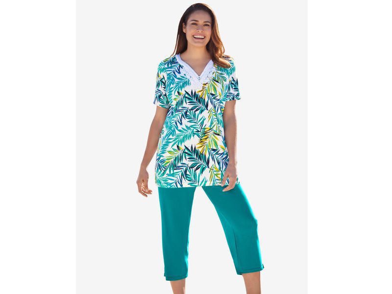 Waterfall Palm Leaf Two-Piece Tunic And Capri Set PSW-6644