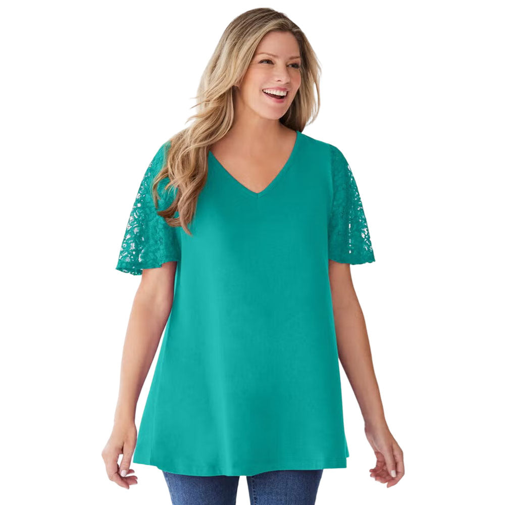 Plus-size tunic with lace flutter sleeves, a curved V-neckline, and a relaxed swingy fit. Made from a soft cotton/poly blend for comfort and style