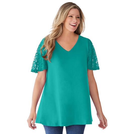 Plus-size tunic with lace flutter sleeves, a curved V-neckline, and a relaxed swingy fit. Made from a soft cotton/poly blend for comfort and style