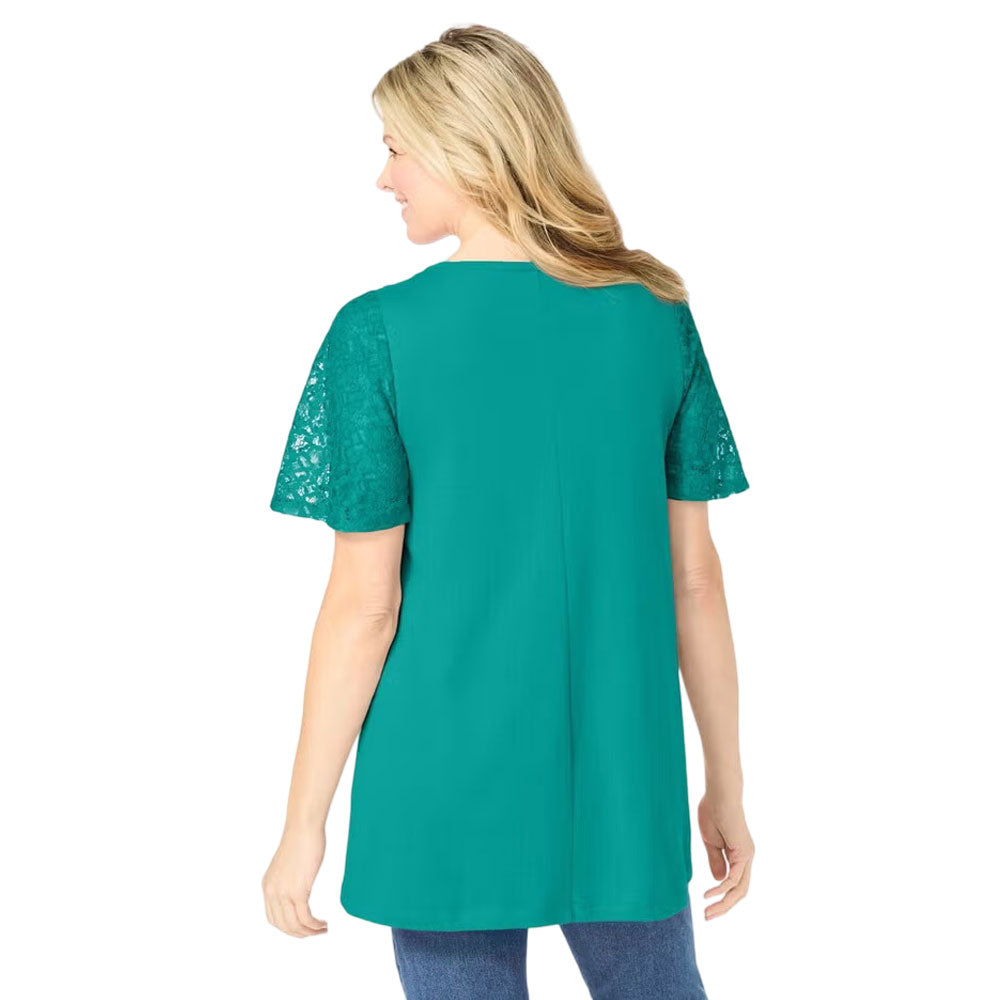Plus-size tunic with lace flutter sleeves, a curved V-neckline, and a relaxed swingy fit. Made from a soft cotton/poly blend for comfort and style
