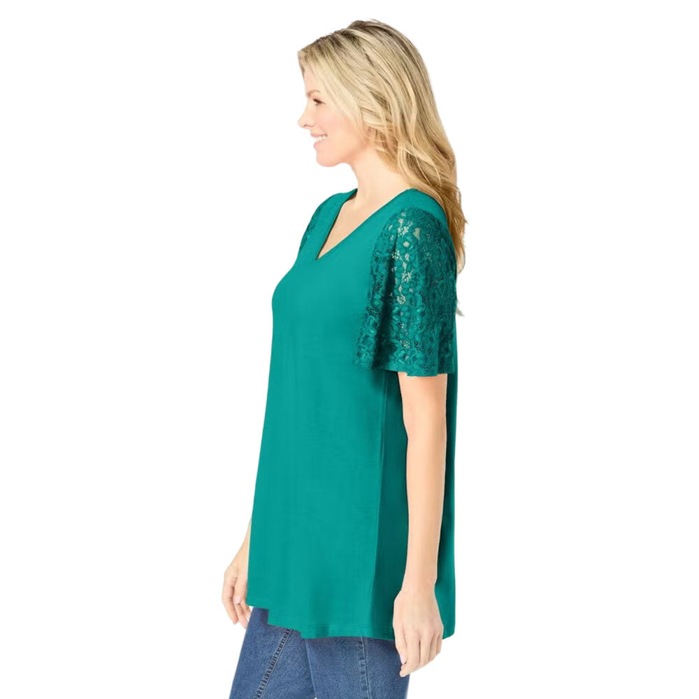Plus-size tunic with lace flutter sleeves, a curved V-neckline, and a relaxed swingy fit. Made from a soft cotton/poly blend for comfort and style