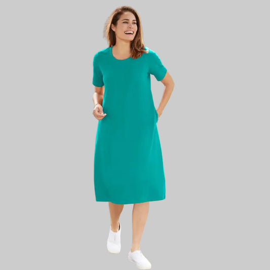 Waterfall short sleeve crewneck tee dress with relaxed A-line silhouette in soft cotton blend jersey fabric.