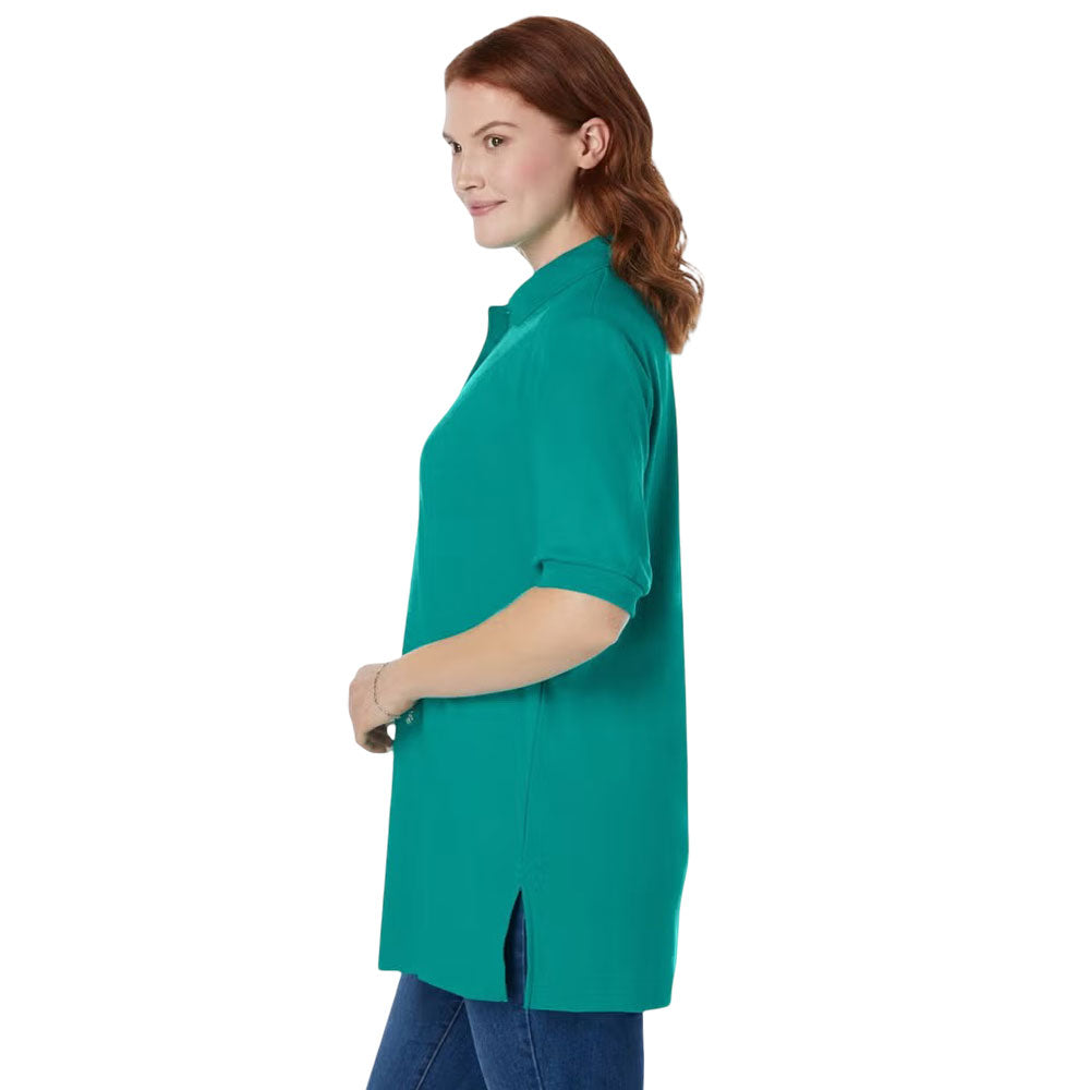 Waterfall blue women’s short sleeve polo t-shirt with collar and button detail 