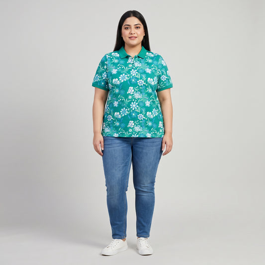 Waterfall Flowers Polo Tunic | Plus Size - PSW-9182