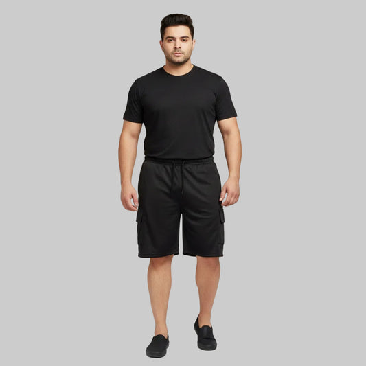 Jet black jersey utility cargo shorts with drawstring waistband and multiple side pockets for casual everyday wear