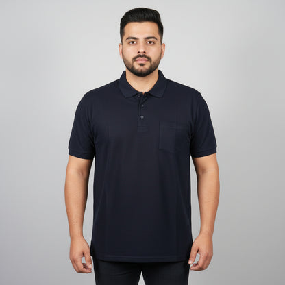 Classic Navy Pique Cotton Polo Shirt  With Pocket   PSM-11275
