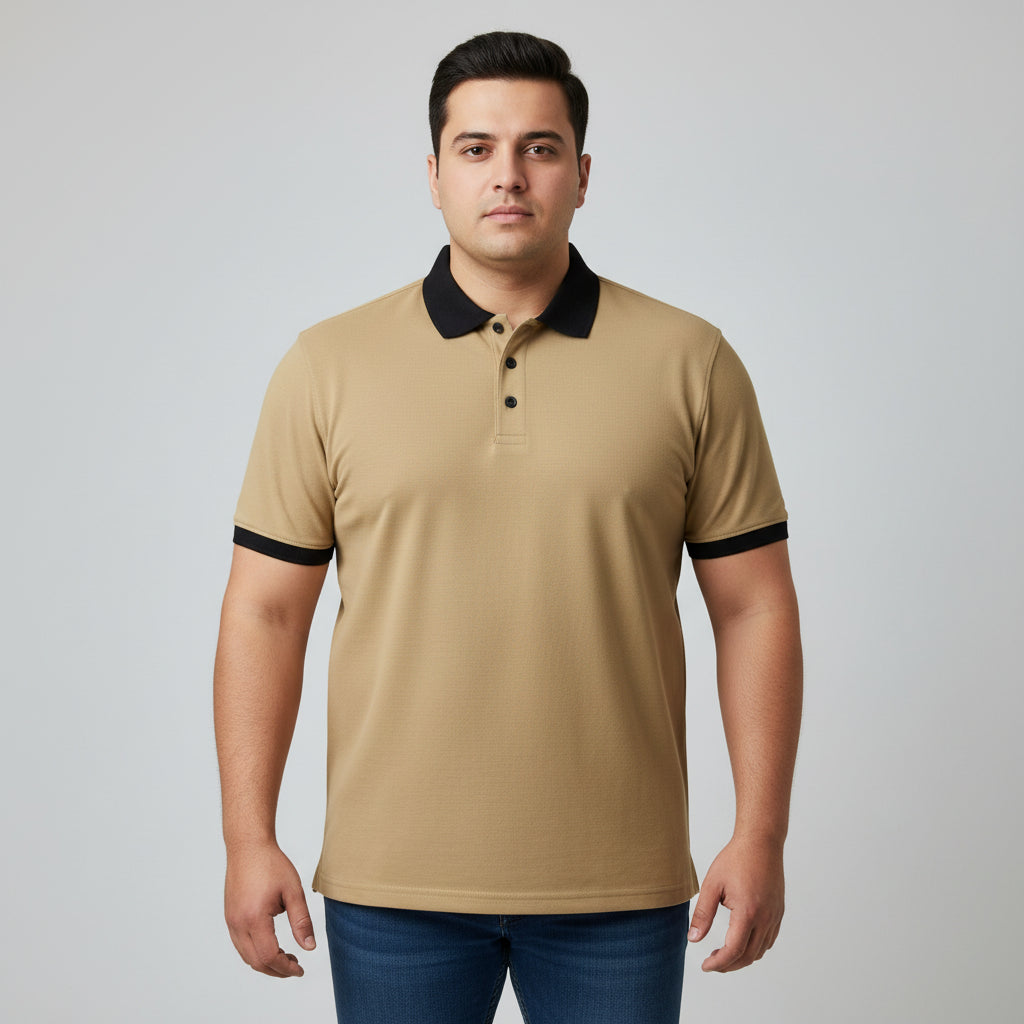 Khaki Beige Pique Cotton Polo Shirt B Grade with Contrast Collar PSM-11278B