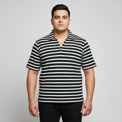 Navy & White Striped Johnny Collar T-Shirt  PSM-11282