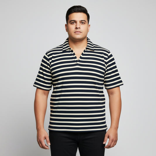 Navy & White Striped Johnny Collar T-Shirt  PSM-11282