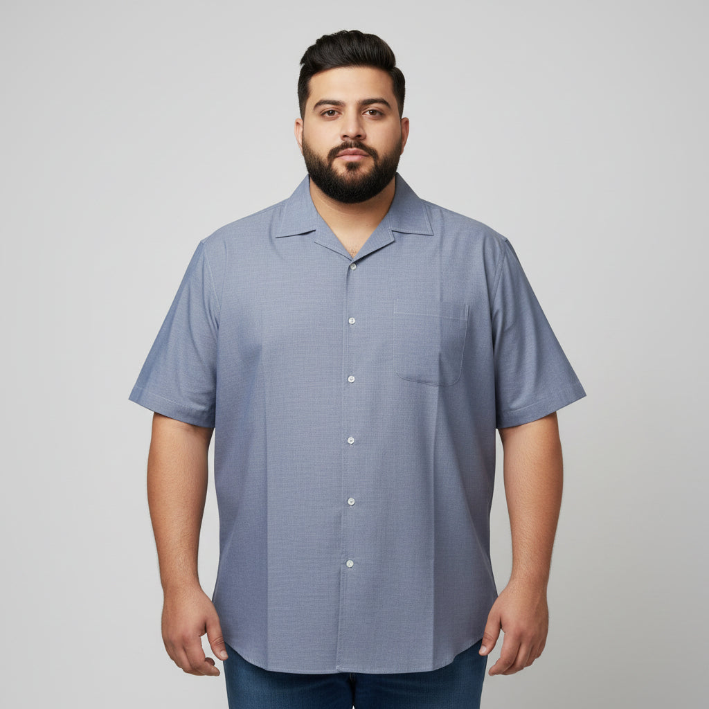 Blue Chambray Tencel Cuban Collar Half Sleeve Casual Shirt PSM-11284