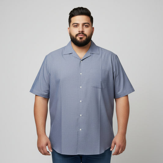 Blue Chambray Tencel Cuban Collar Half Sleeve Casual Shirt PSM-11284
