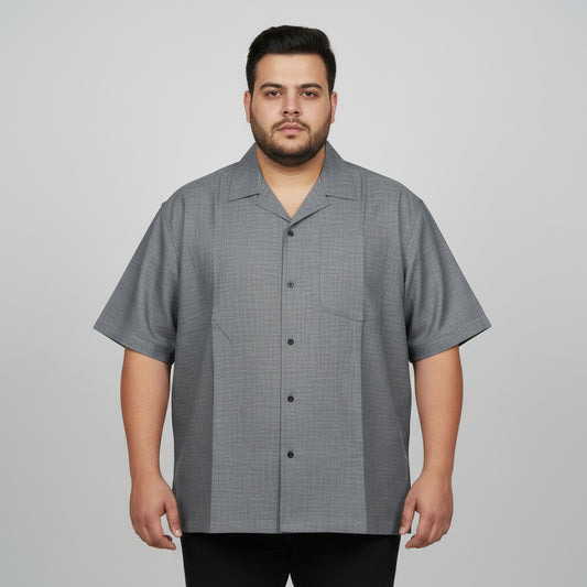 Charcoal Gray Cuban Collar Chambray Tencel Half Sleeve Casual Shirt PSM-11285