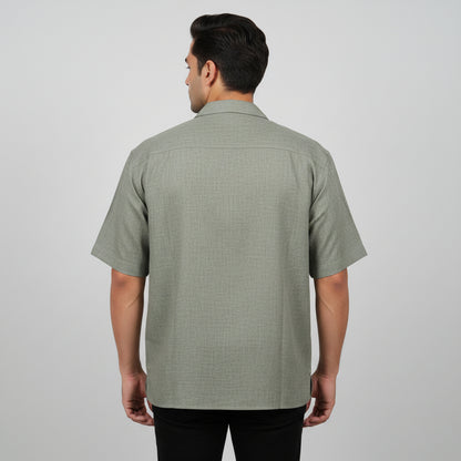 Olive Gray Textured Cuban Collar Chambray Half Sleeve Casual Shirt PSM-11286