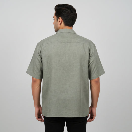Olive Gray Textured Cuban Collar Chambray Half Sleeve Casual Shirt PSM-11286
