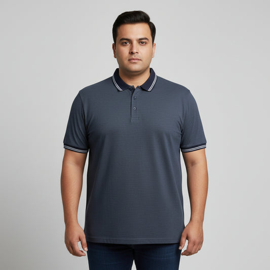 Steel Blue Contrast Tipped Collar Plus Size Polo Shirt  PSM-10877