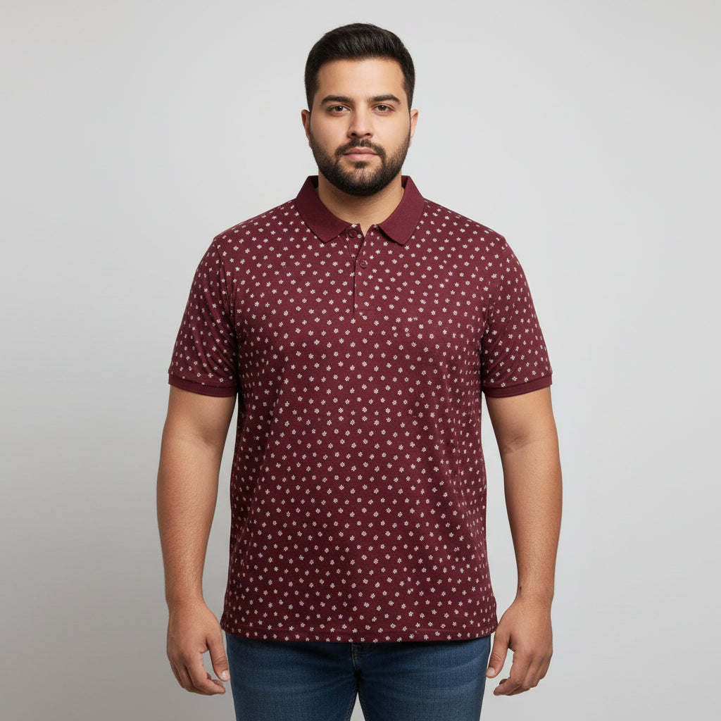 Maroon Micro Floral Print Plus Size Polo Shirt PSM-10865